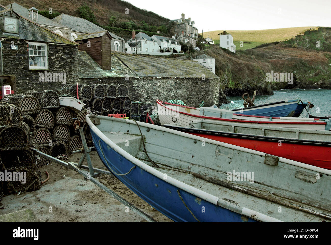 Port Isaac harbour front lobster crab pots Cornwall fishing village