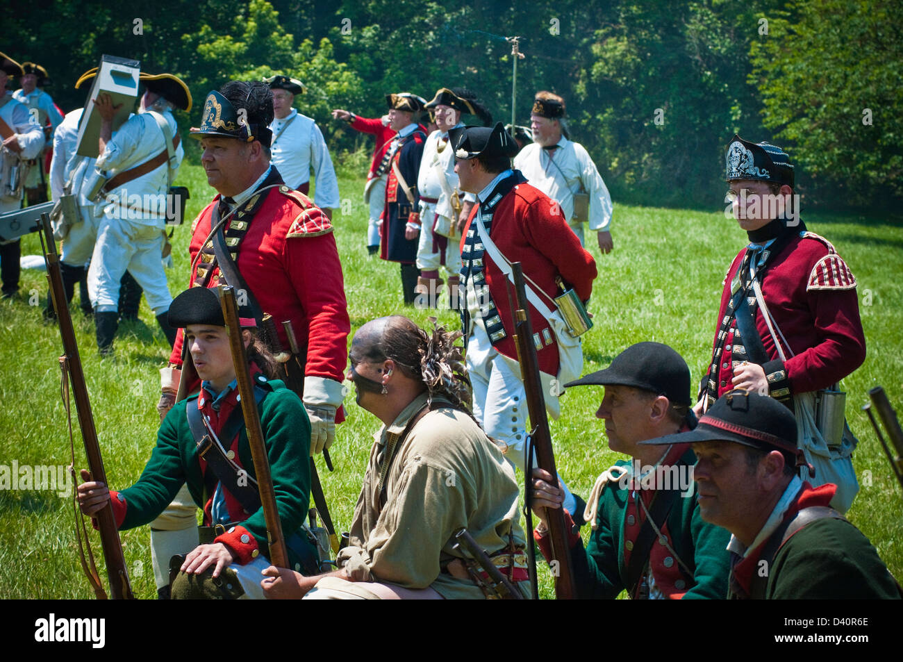 American revolutionary war re-enactors, battle British troops at Rockford plantation, Lancaster, PA. Stock Photo