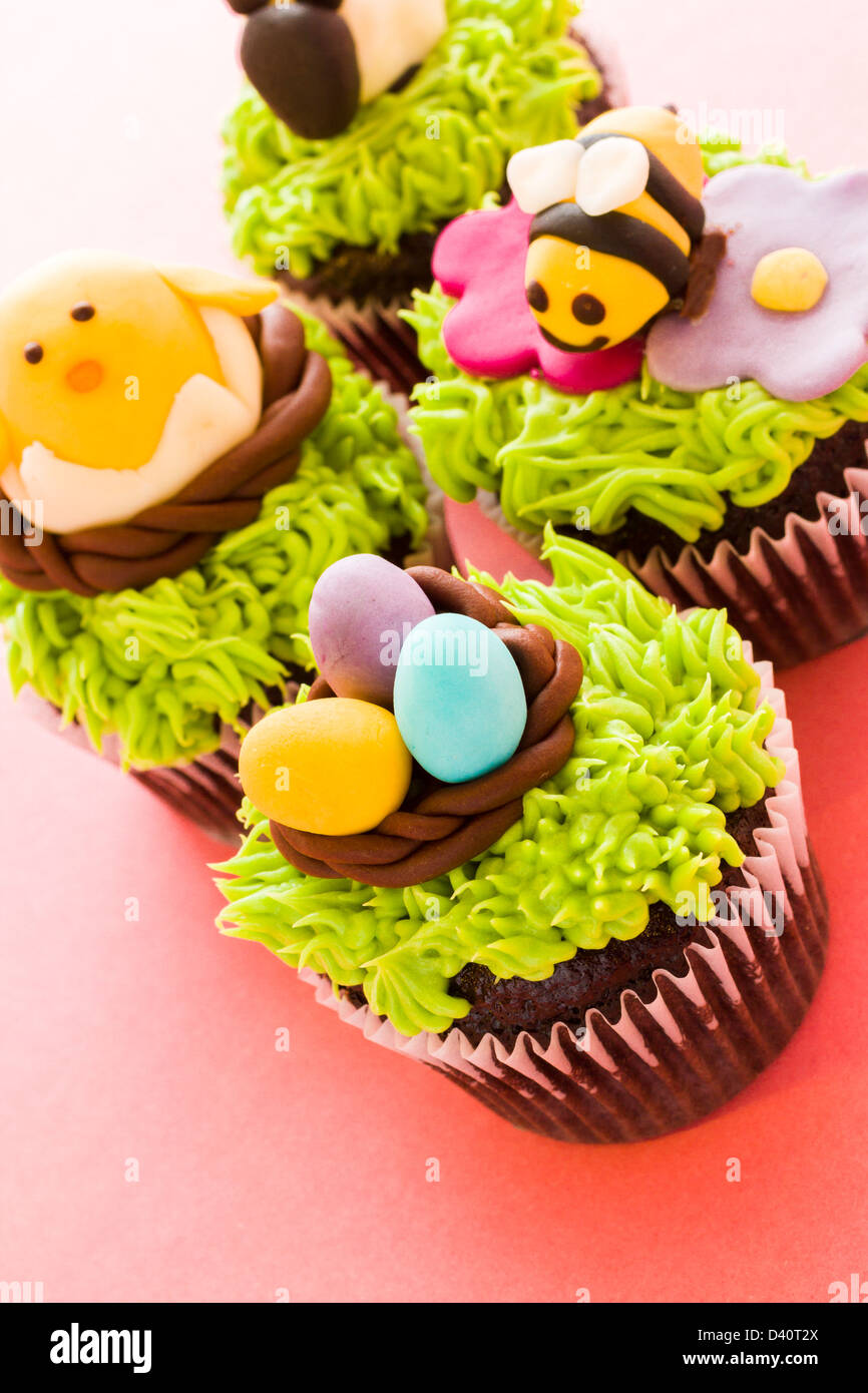 Gourmet chocolate Easter cupcakes individually decorated Stock Photo