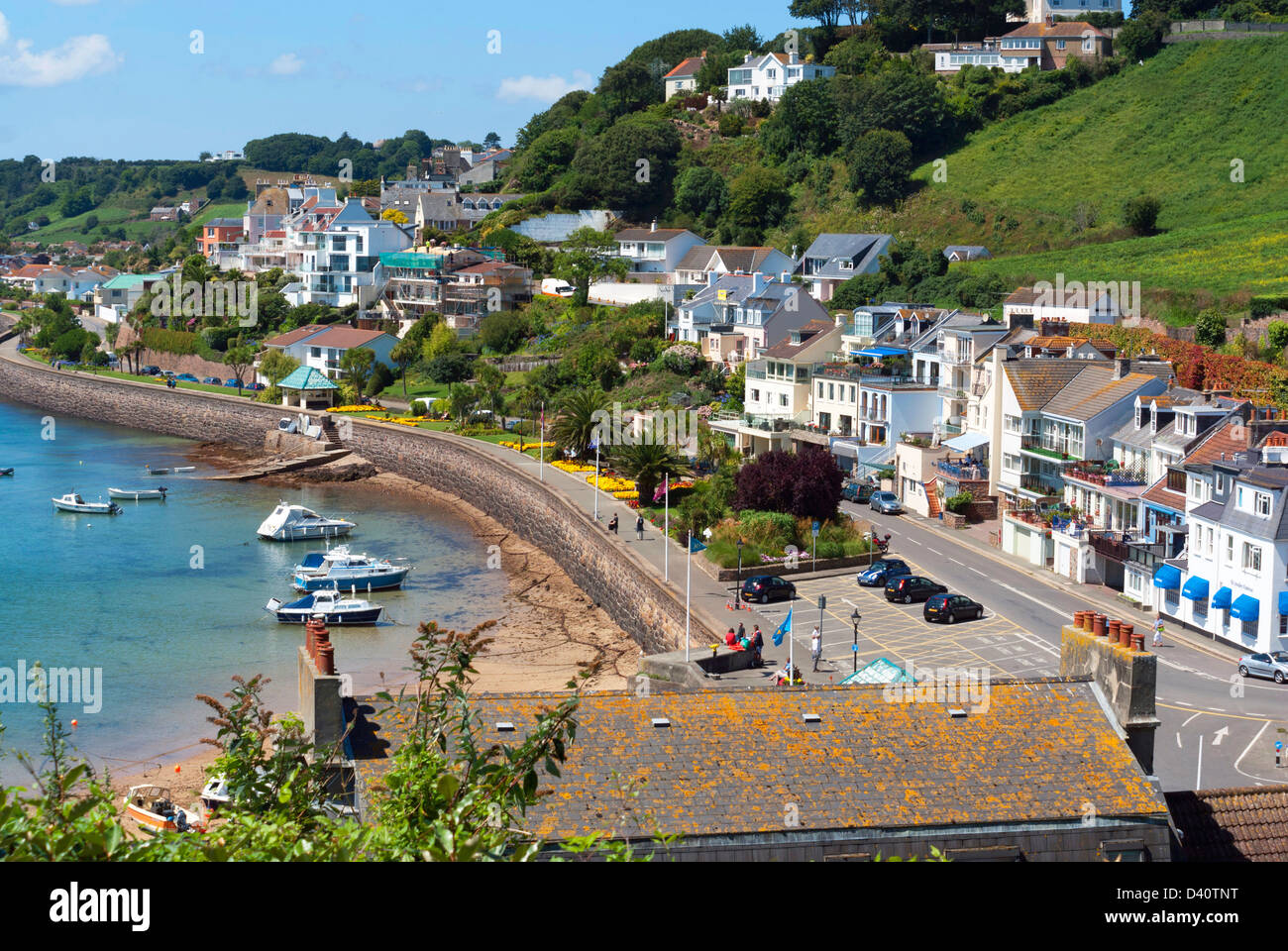 View over the village of Gorey, Jersey, Channel Islands Stock Photo