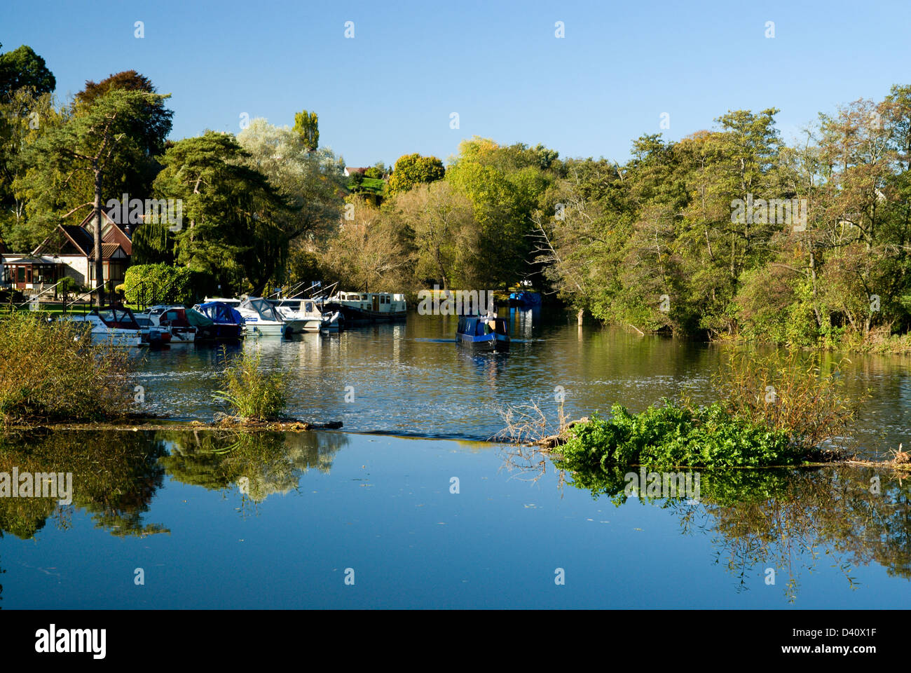 Narrow boat on River Avon, Saltford Weir, Saltford near Bath, Somerset