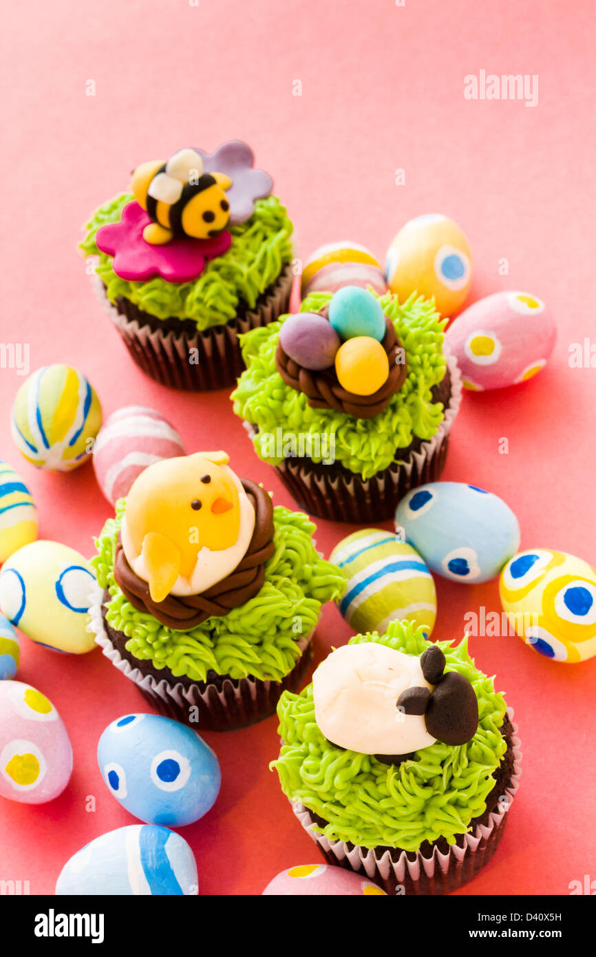 Gourmet chocolate Easter cupcakes individually decorated Stock Photo