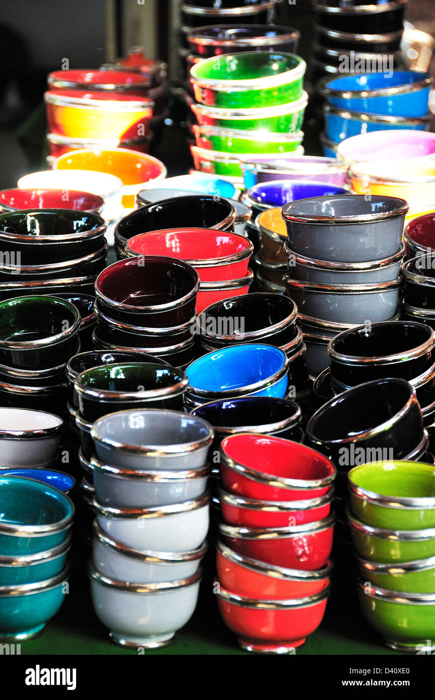 Coloured bowls for sale in the souk (souq) the Medina, Marrakech (Marrakesh), Morocco Stock Photo
