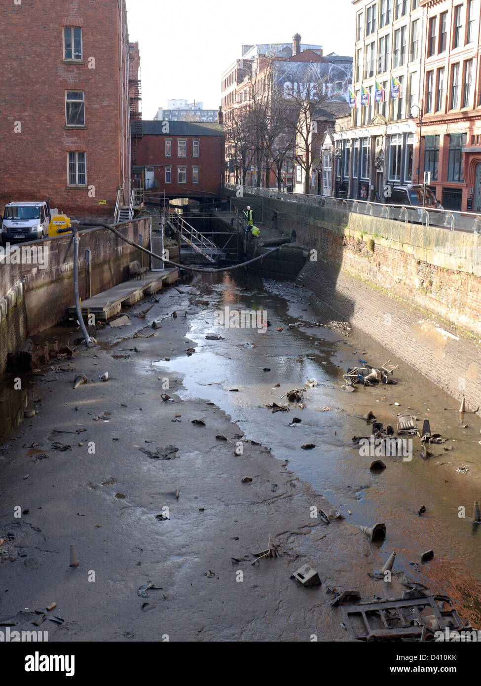 Empty Rochdale canal, due to lock repairing in Canal street Manchester UK Stock Photo
