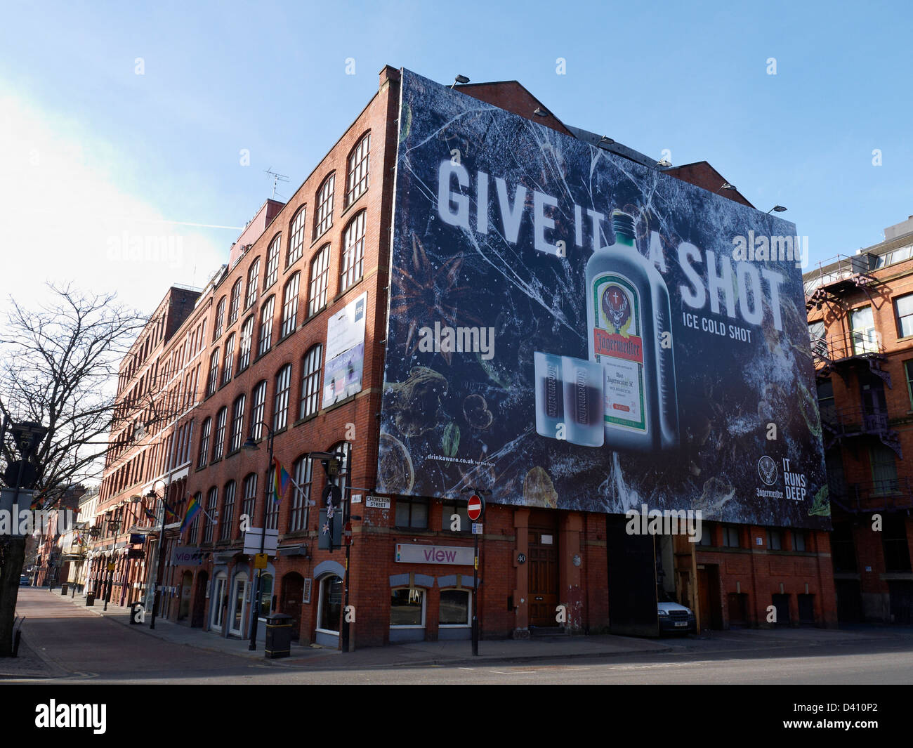 Jagermeister banner on the Chorlton Street Canal Street corner in Manchester UK Stock Photo