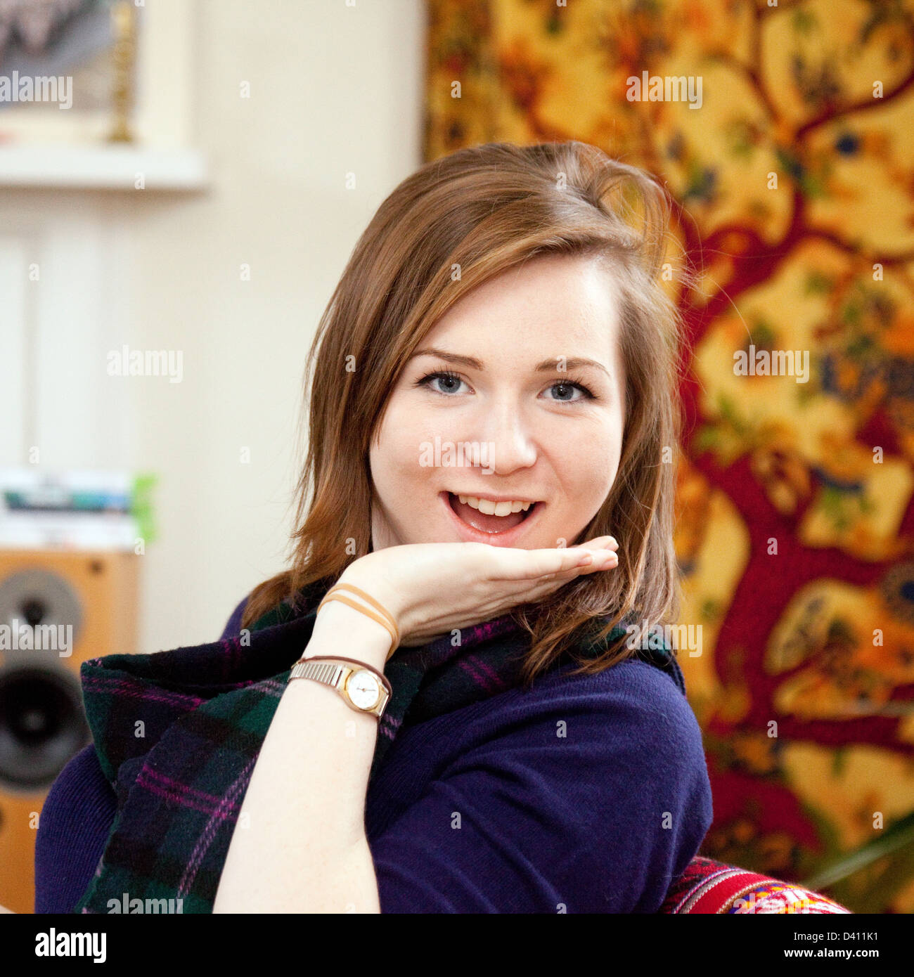 An attractive happy young caucasian brunette woman age aged 20 years old, front view, UK Stock Photo