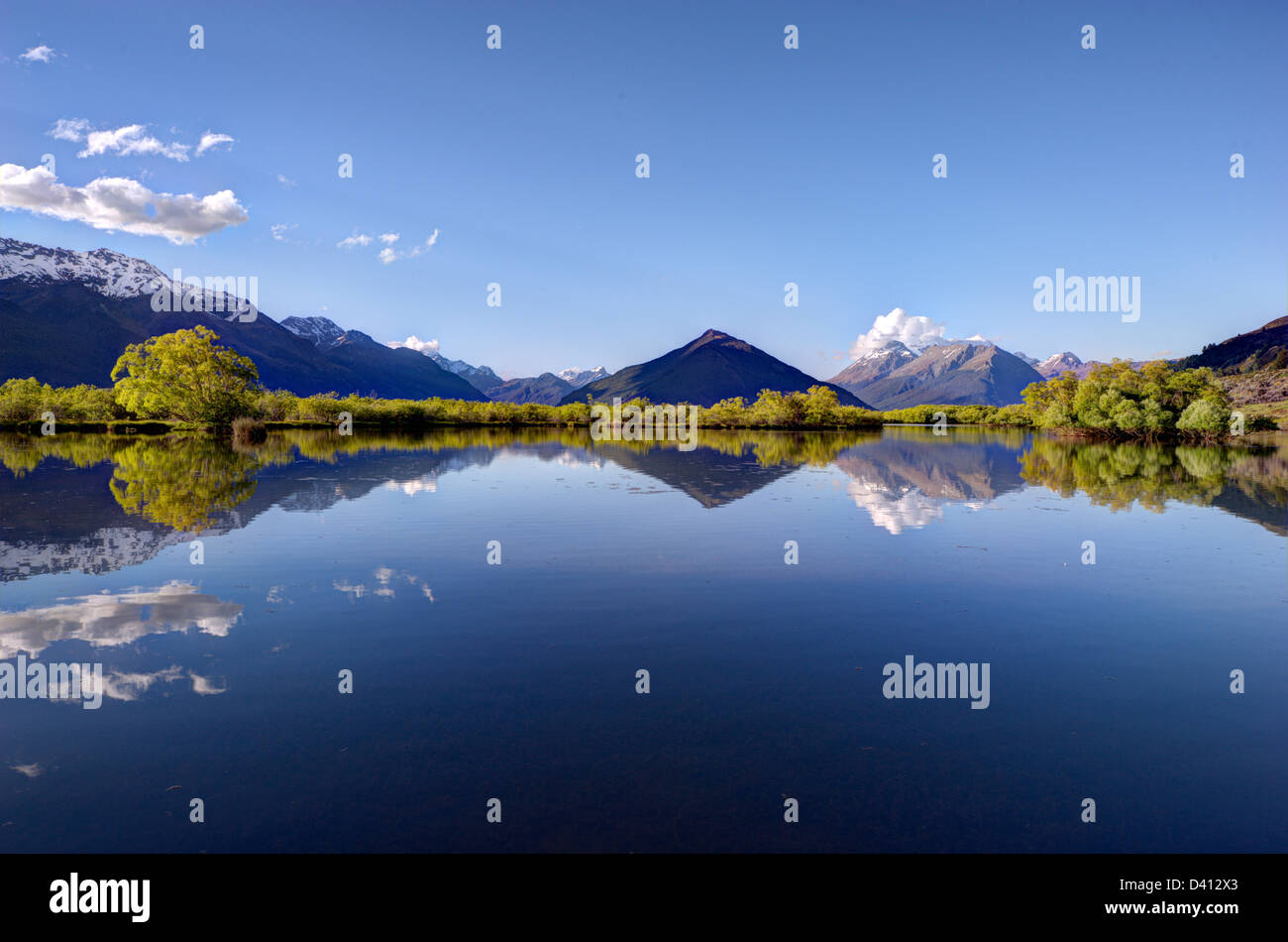Reflection of the mountains on the lagoon at Glenorchy, New Zealand. Stock Photo