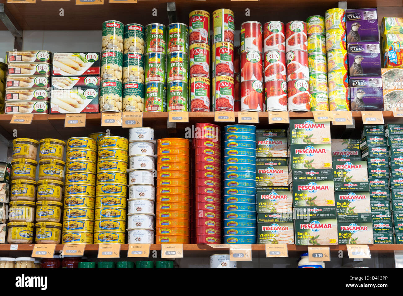 Stacks of tinned food for sale, Spain Stock Photo