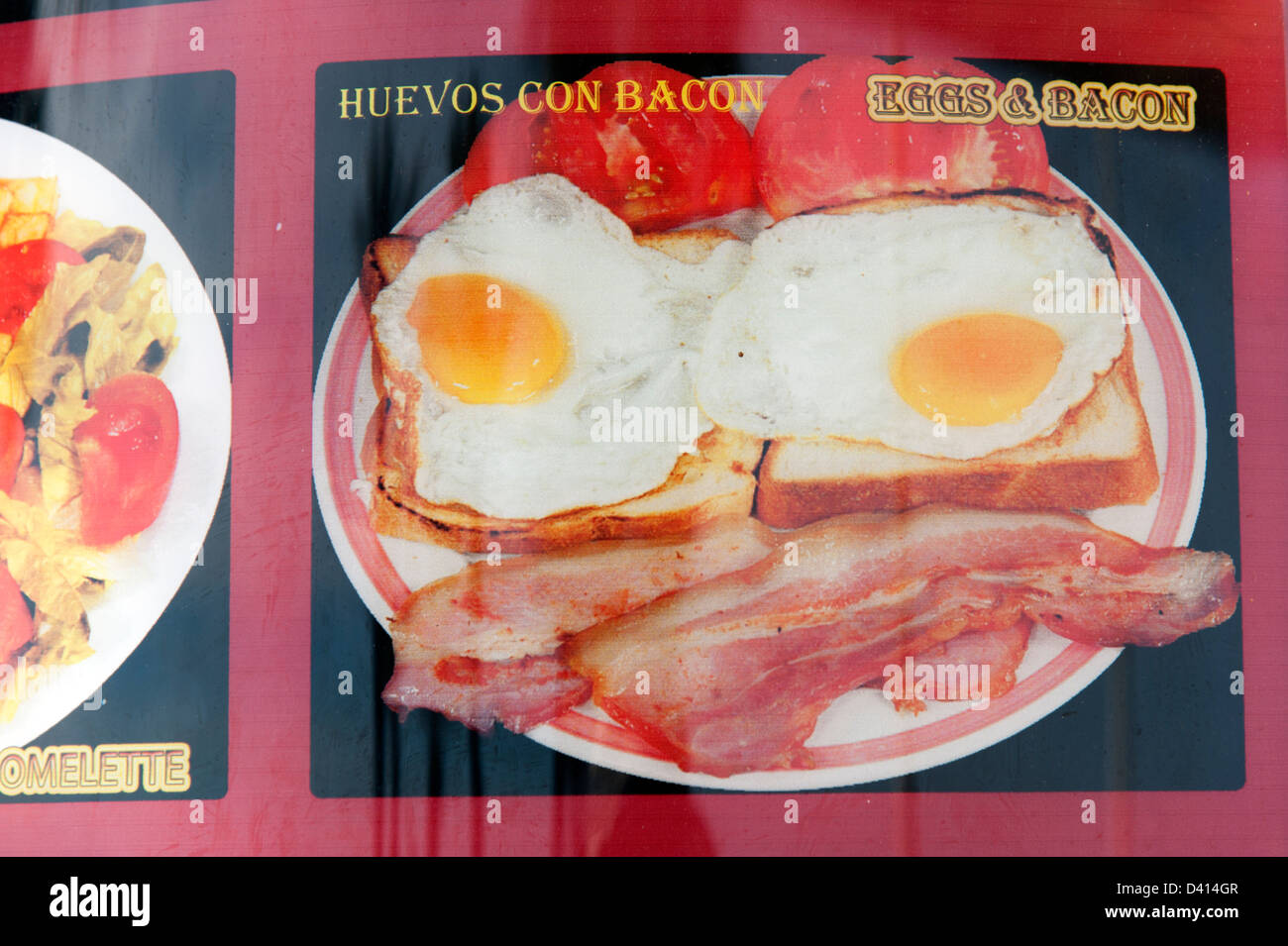 English food of bacon and eggs pictured on cafe menu, Benidorm, Costa Blanca, Spain Stock Photo