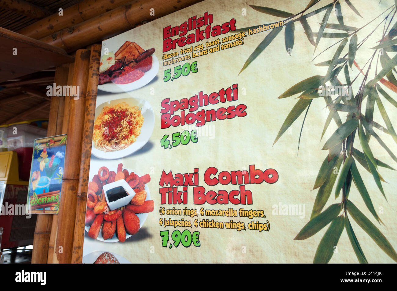 Beachfront cafe menu showing typical English food, Benidorm, Costa Blanca, Spain Stock Photo