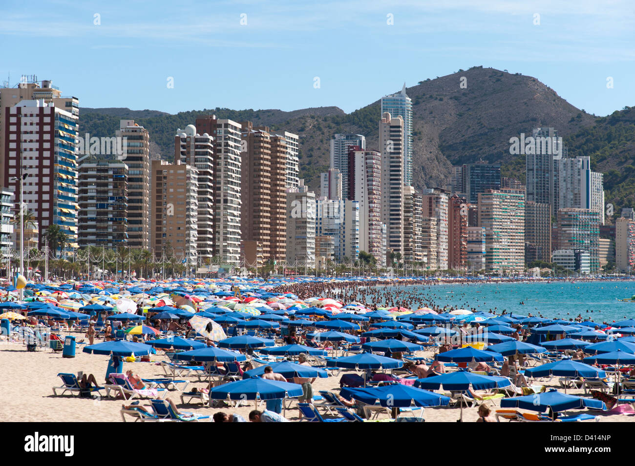 Waterfront skyscrapers and beach, Benidorm, Spain Stock Photo