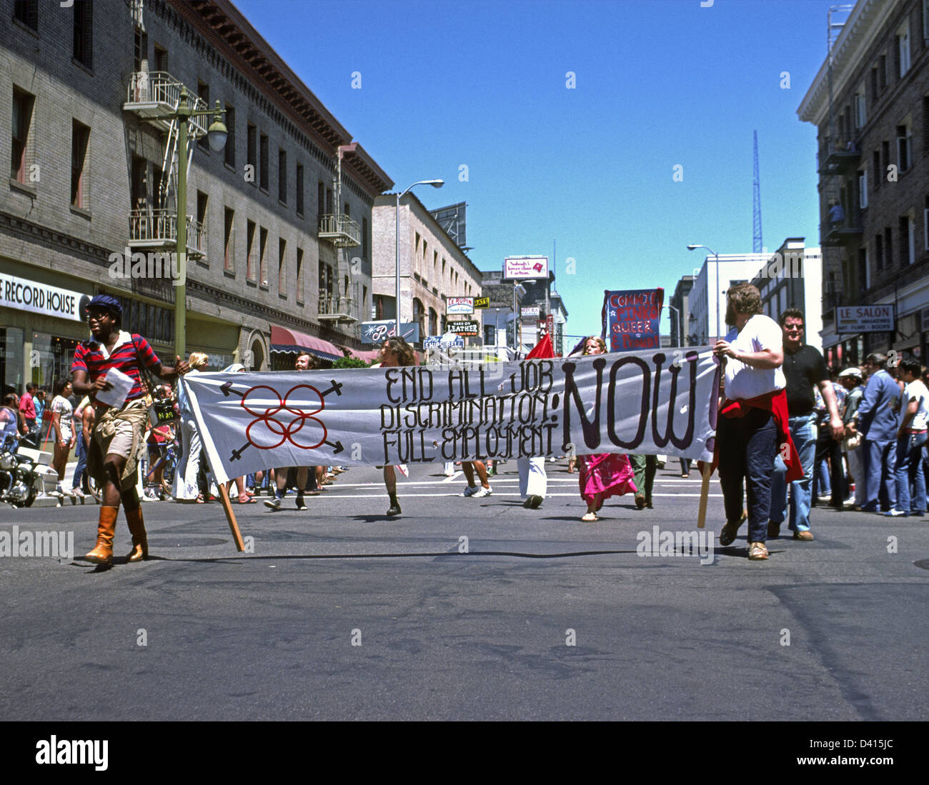 1976 San Francisco Pride Parade, end job discrimination banner Stock Photo