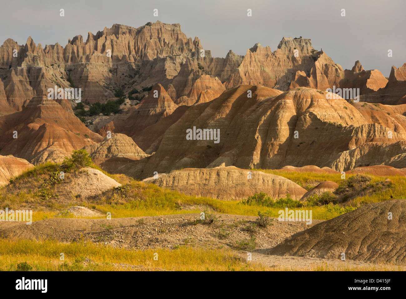 Peaks of erosion in Badlands National Park South Dakota. Summer. USA Stock Photo