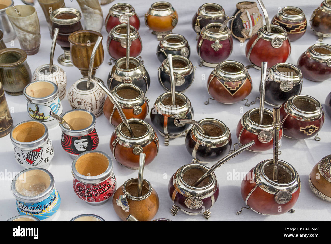 Mate tea cups, Antique market, Plaza Dorrego, San Telmo, Buenos Aires, Argentina Stock Photo