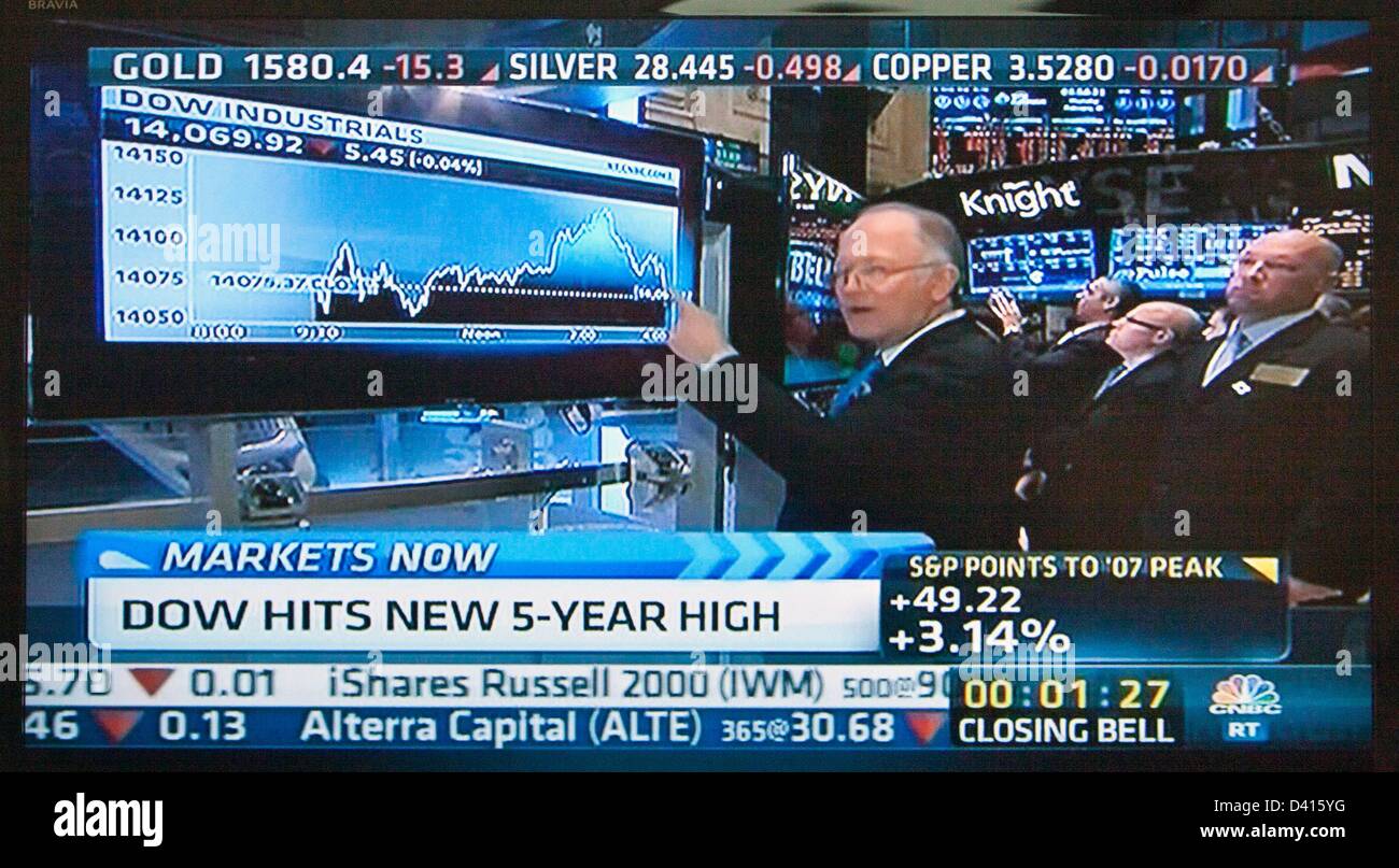 USA. Some analysts predict a Dow Jones Industrial Average all-time record Friday March 01 or the following week. This US CNBC TV image shows the stock index hit a five-year high Thursday, February 28, reaching an intra-day 14149, about 15 points off the all-time record, before retreating to 14054.  Credit:  Andrew Woodley / Alamy Live News Stock Photo