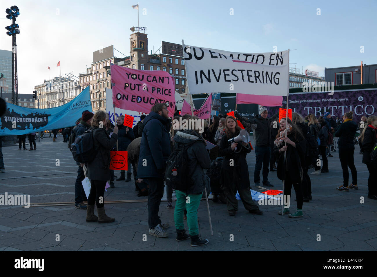 Copenhagen, Denmark. 28th February 2013. Students from all over Denmark are demonstrating at the City Hall Square in Copenhagen against the government announced changes and cutbacks on the, in many ways, most lucrative state education grant. Rally before the procession begins towards Christiansborg Palace Square.. Credit:  NielsQuist / Alamy Live News Stock Photo