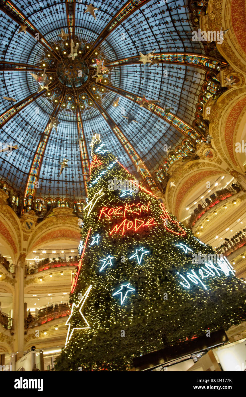 Galerie Lafayette christmas tree under glas dome , Paris , France Stock Photo