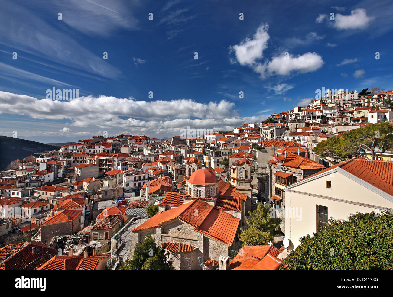 View of Arachova, the most popular winter resort in Greece, Mount Parnassos, Viotia., Central Greece. Stock Photo