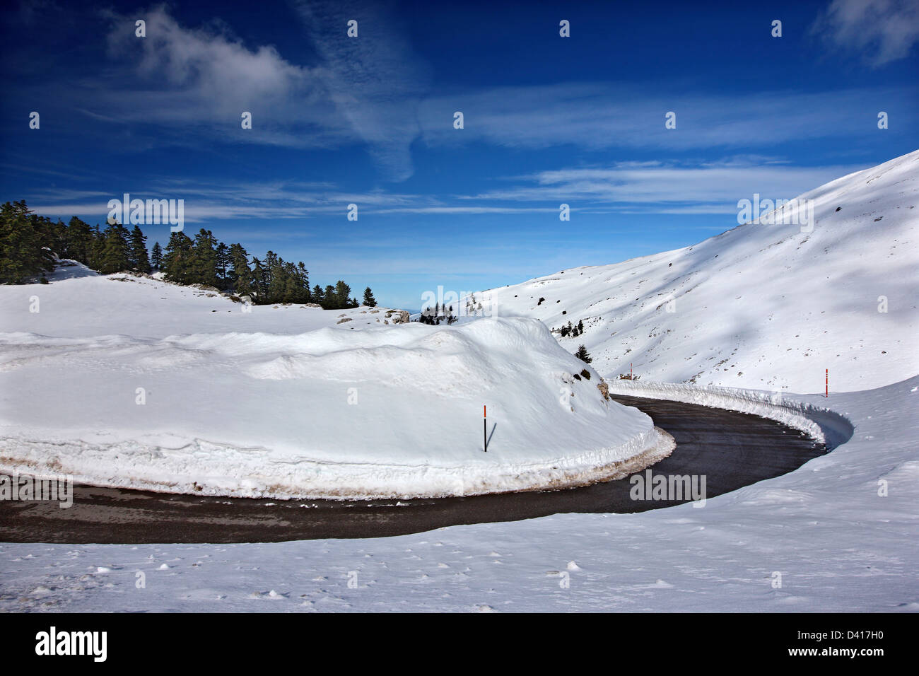 The road to Fterolaka ski center, Parnassos mountain, Viotia, Central Greece. Stock Photo