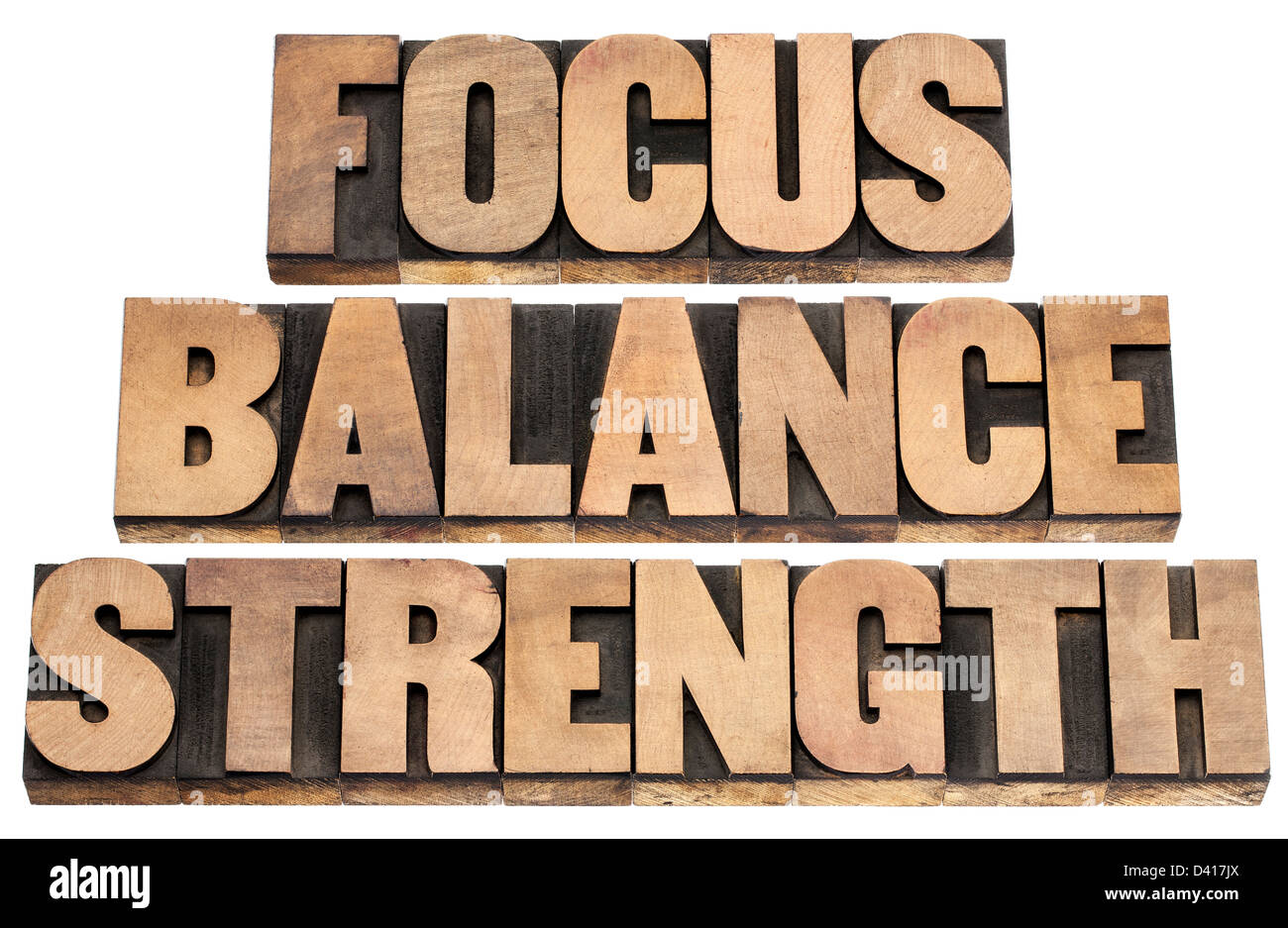 focus, balance, strength - performance concept - isolated text in letterpress wood type printing blocks Stock Photo