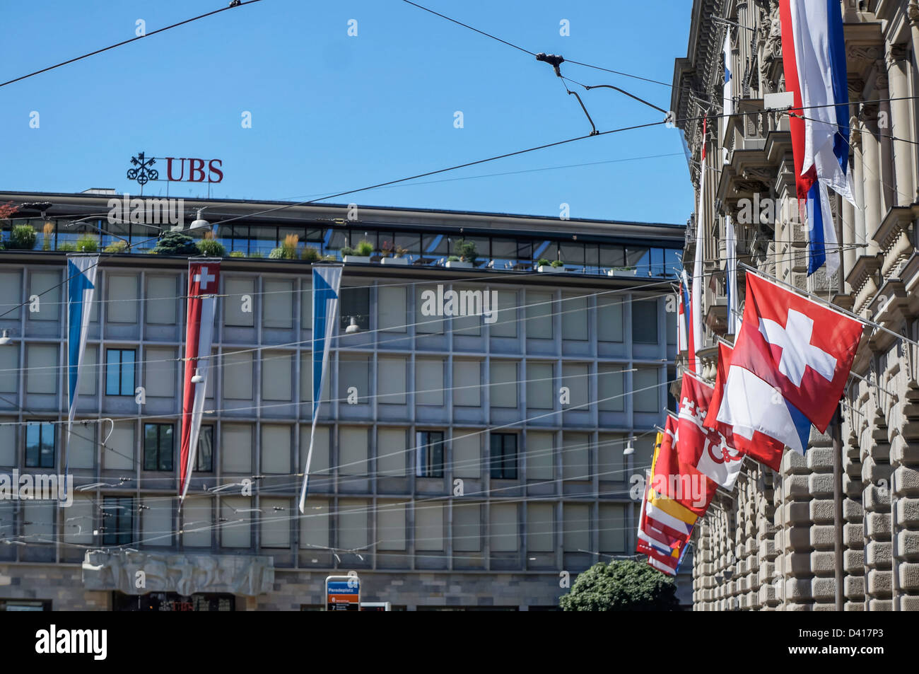 Paradeplatz, UBS, Credit Suisse, Swiss flags,1. August, national holyday, Switzerland, Zurich, Stock Photo
