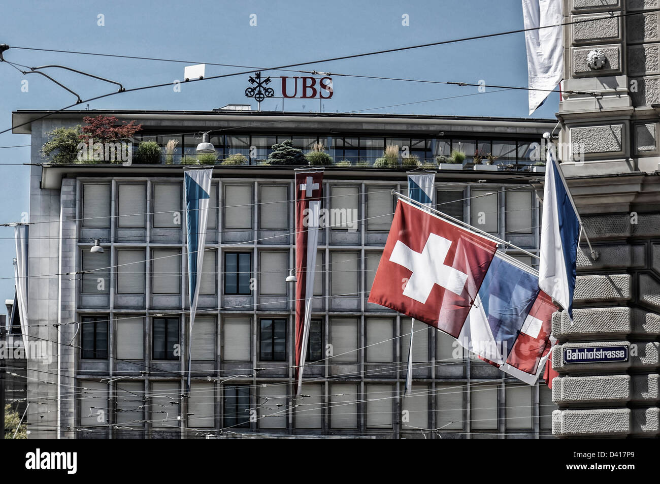 Paradeplatz, UBS, Credit Suisse, Swiss flags,1. August, national holyday, Switzerland, Zurich, Stock Photo