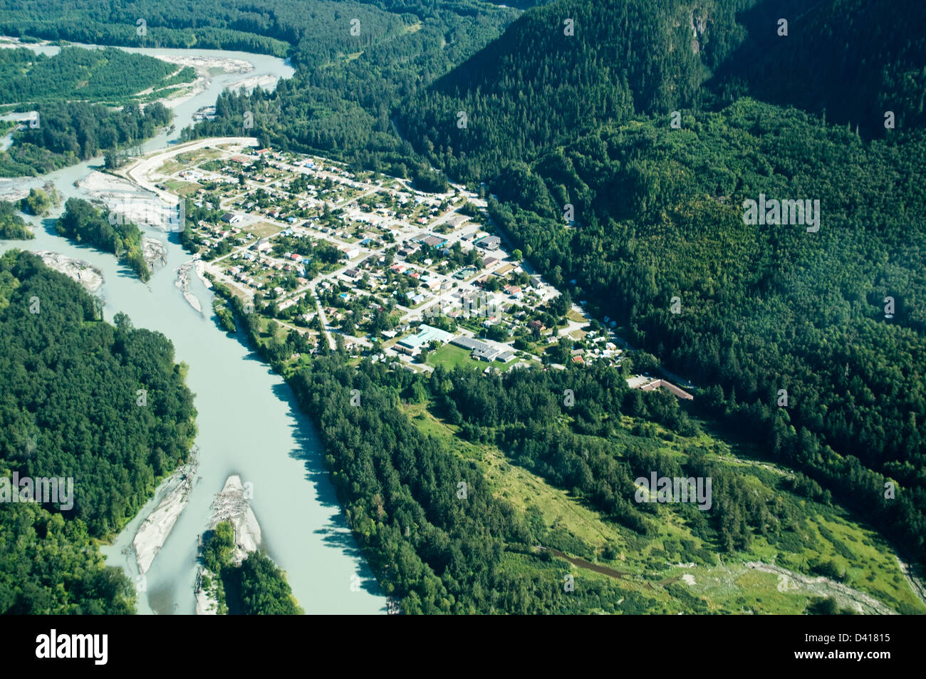 An aerial view of the Nuxalk First Nation community of Bella Coola, in