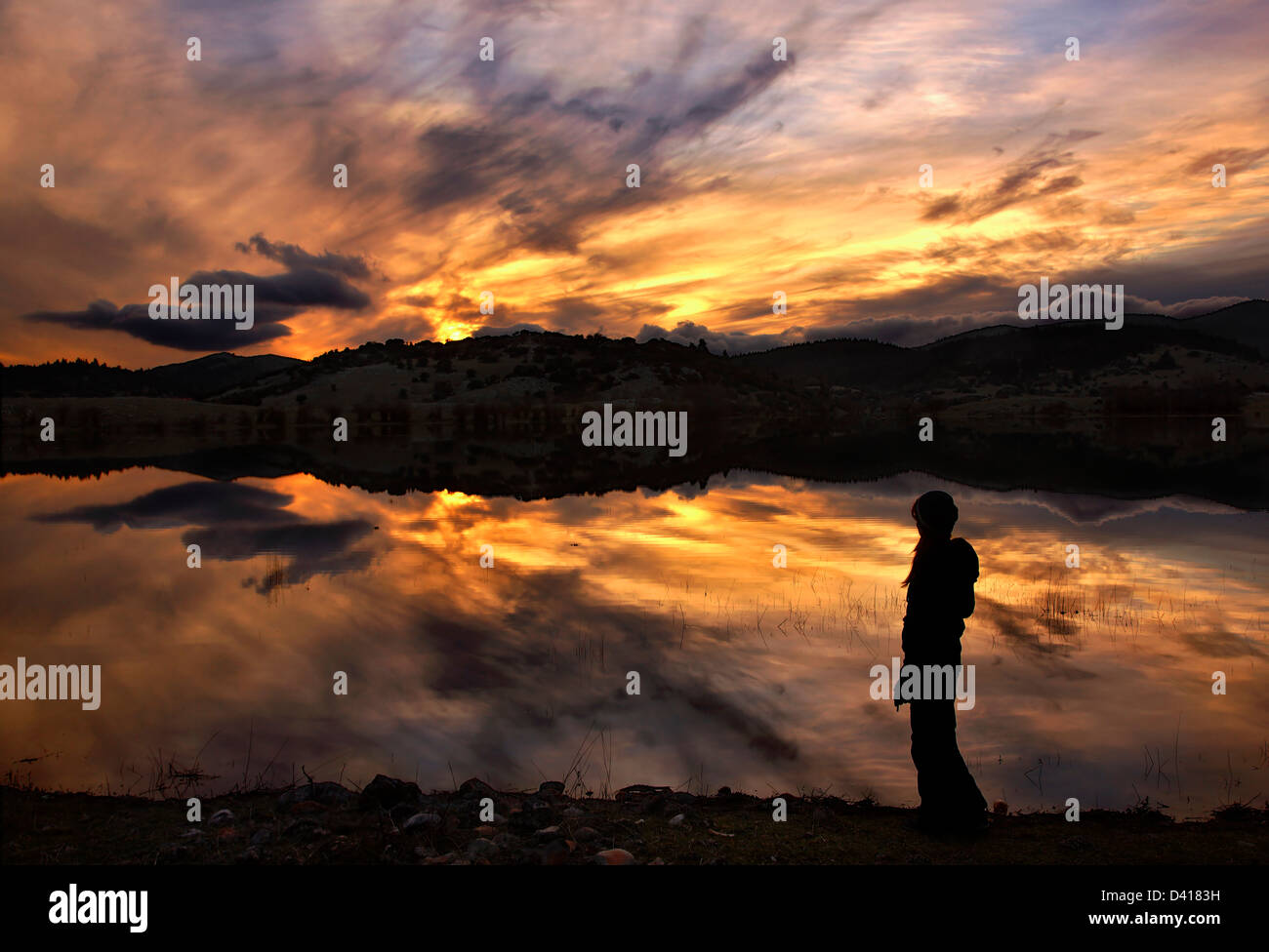 Sunset at lake Pinigoura (seasonal lake) , Livadi Arachovas, Parnassos mountain, Viotia ('Boeotia'), Central Greece. Stock Photo