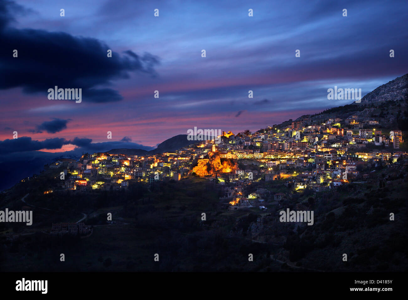 Night view of Arachova, the most popular winter resort in Greece, Mount Parnassos, Viotia., Central Greece. Stock Photo