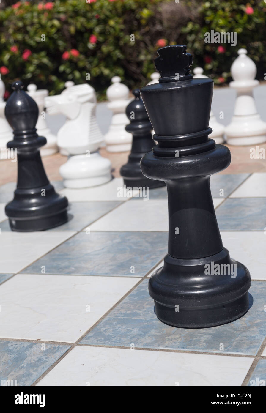 Close up of large black king piece in outdoor chess set in flower garden Stock Photo