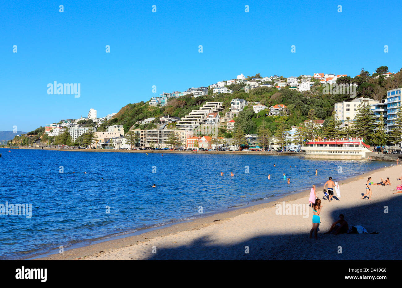 Summertime crowd at Oriental Bay beach in Wellington Stock Photo