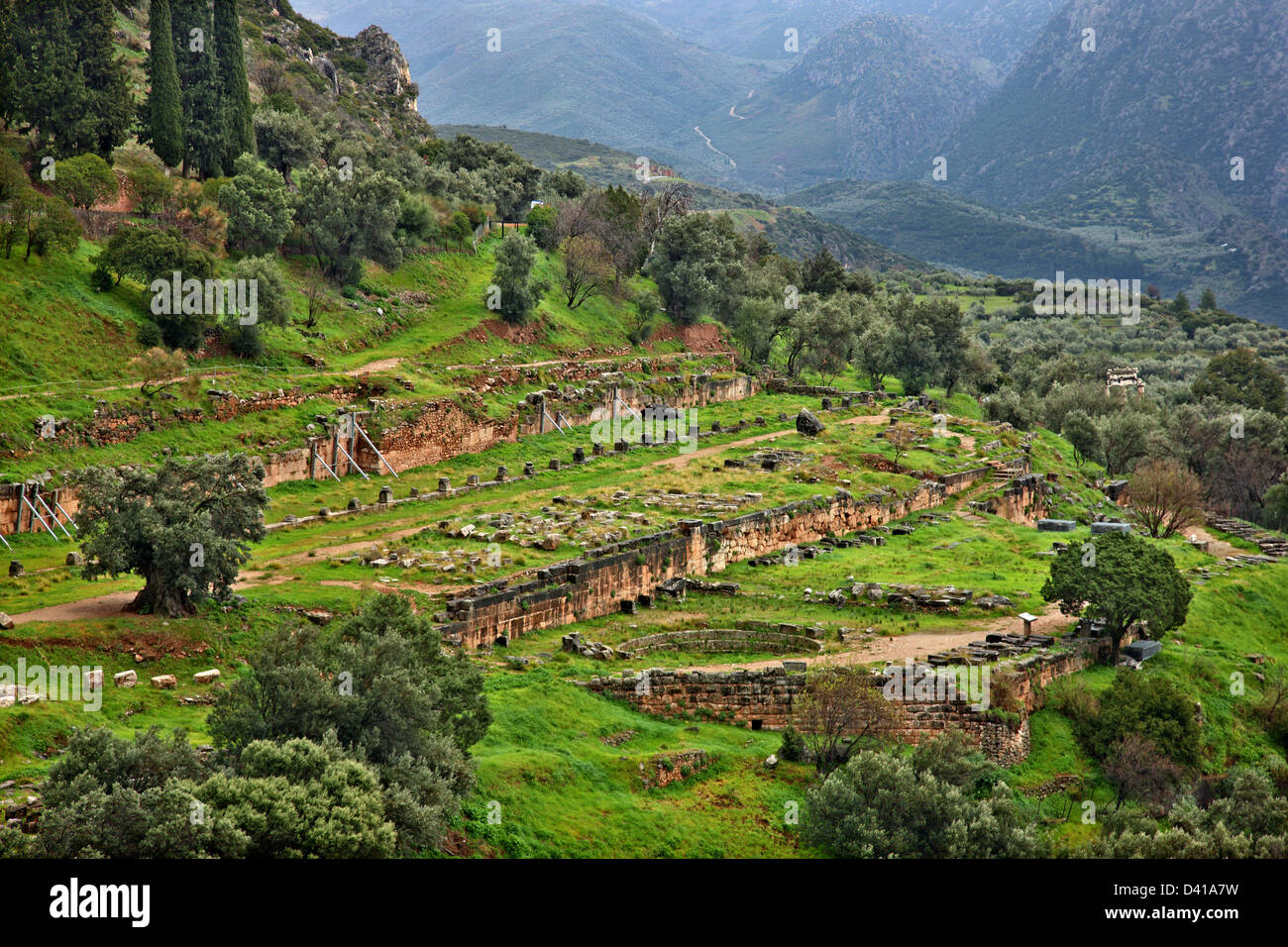 The Gymnasium at  ancient Delphi, the 'navel'  and most important oracle of the ancient world, Fokida, Central Greece. Stock Photo