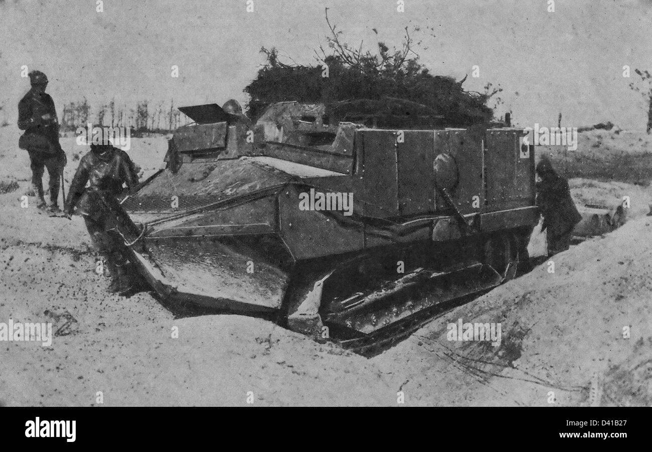 Camoflauged and damaged French Tank in WWI, 1917 Stock Photo