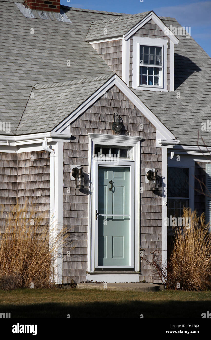 Entrance to a shingled Cape Cod home Stock Photo