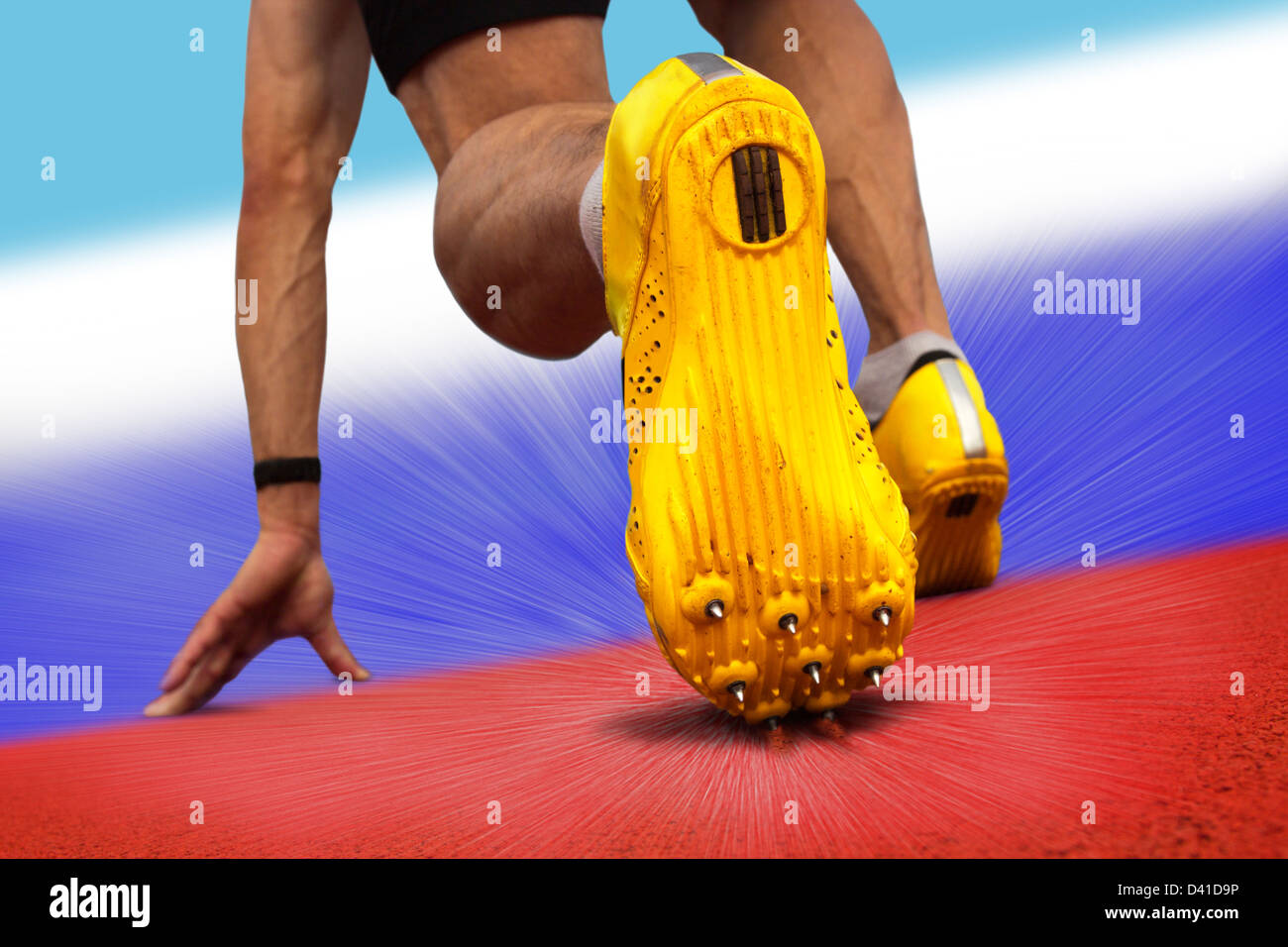 Sprinter starts on surface with russian national colors Stock Photo