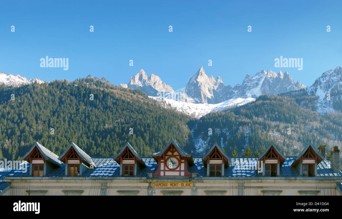 Train station in Chamonix - Mont Blanc - with the Alps in the background Stock Photo