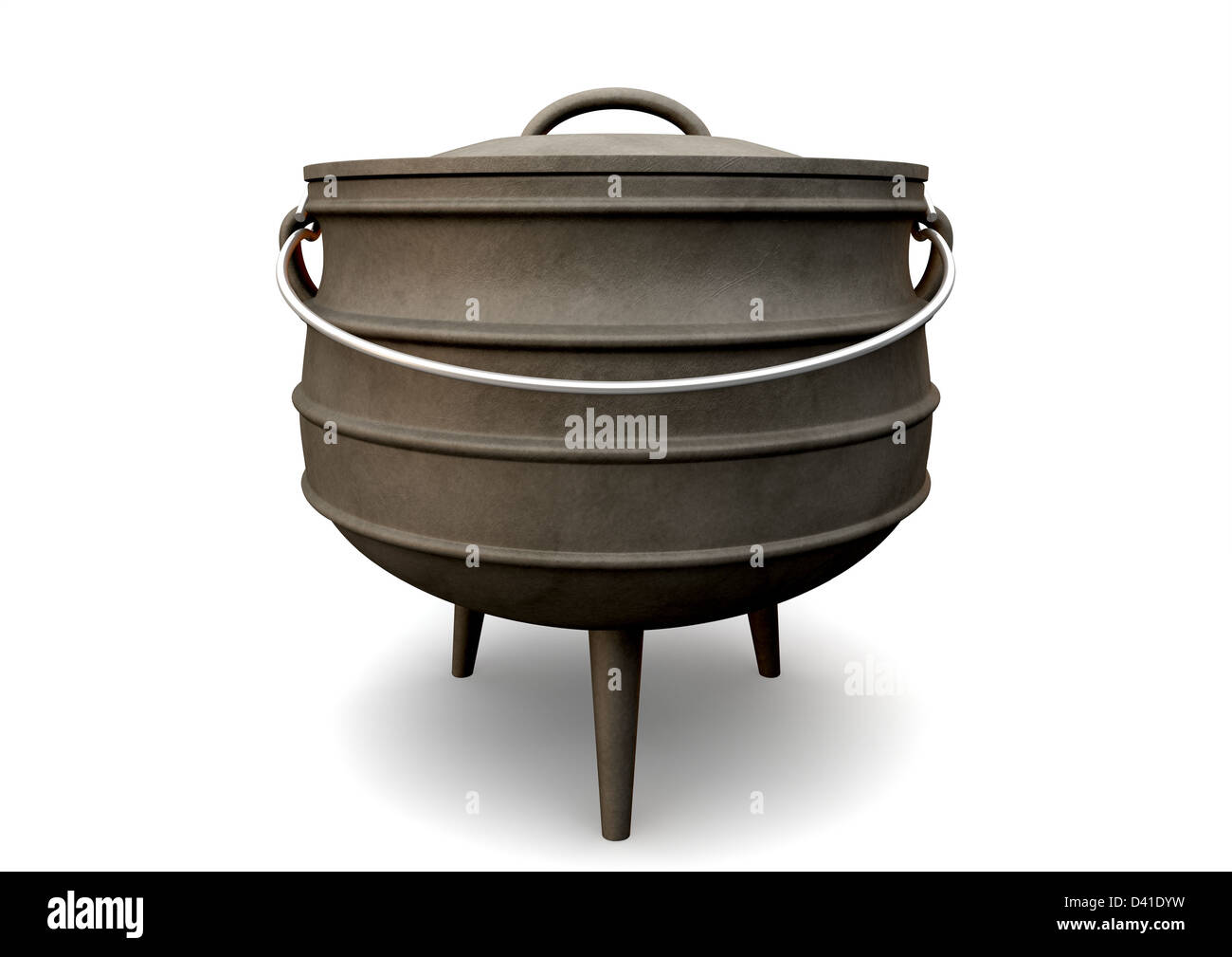 A regular cast iron south african potjie pot with a steel handle and a