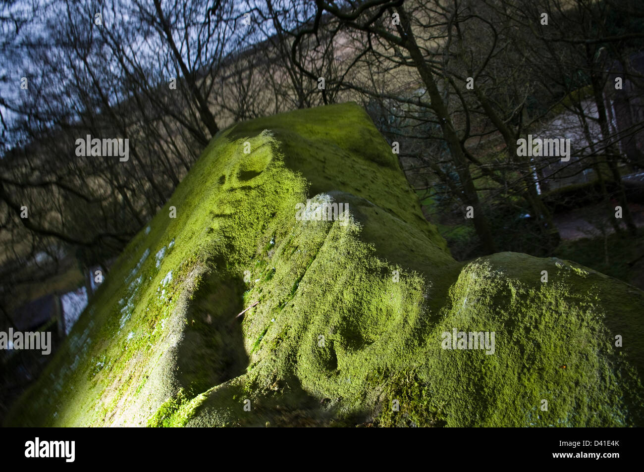 Prehistoric rock carvings at Rowtor Rocks, Birchover, Derbyshire, UK Stock Photo