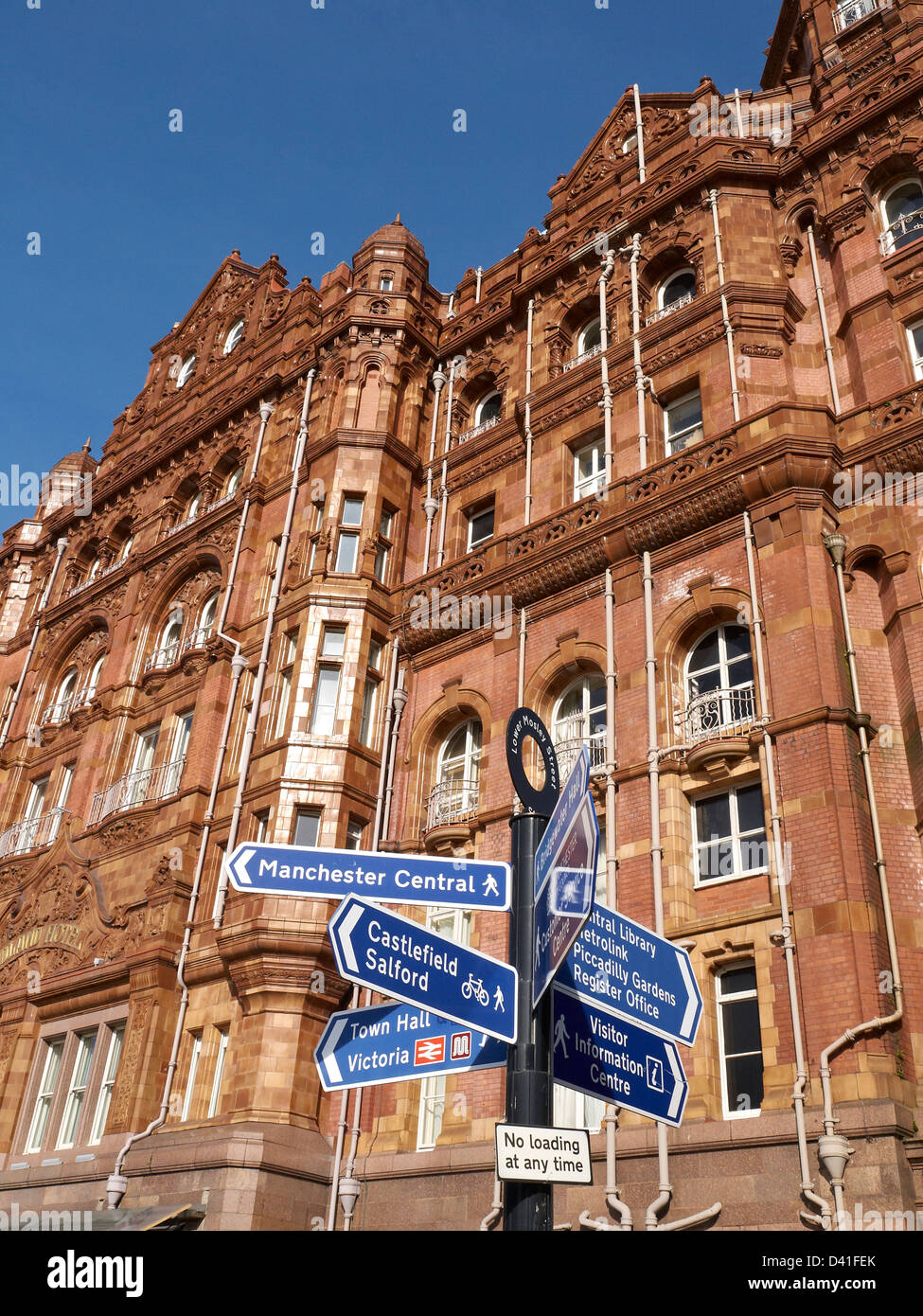 Sign post in Lower Mosley Street with Midland hotel in background, Manchester UK Stock Photo