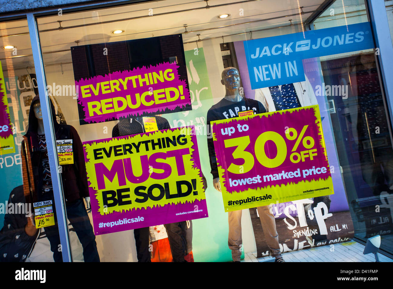 Everything Reduced Must Be Sold Clearance Sale Signs Shop Front In Republic Retail Limited On Victoria Street Blackpool Uk Stock Photo Alamy