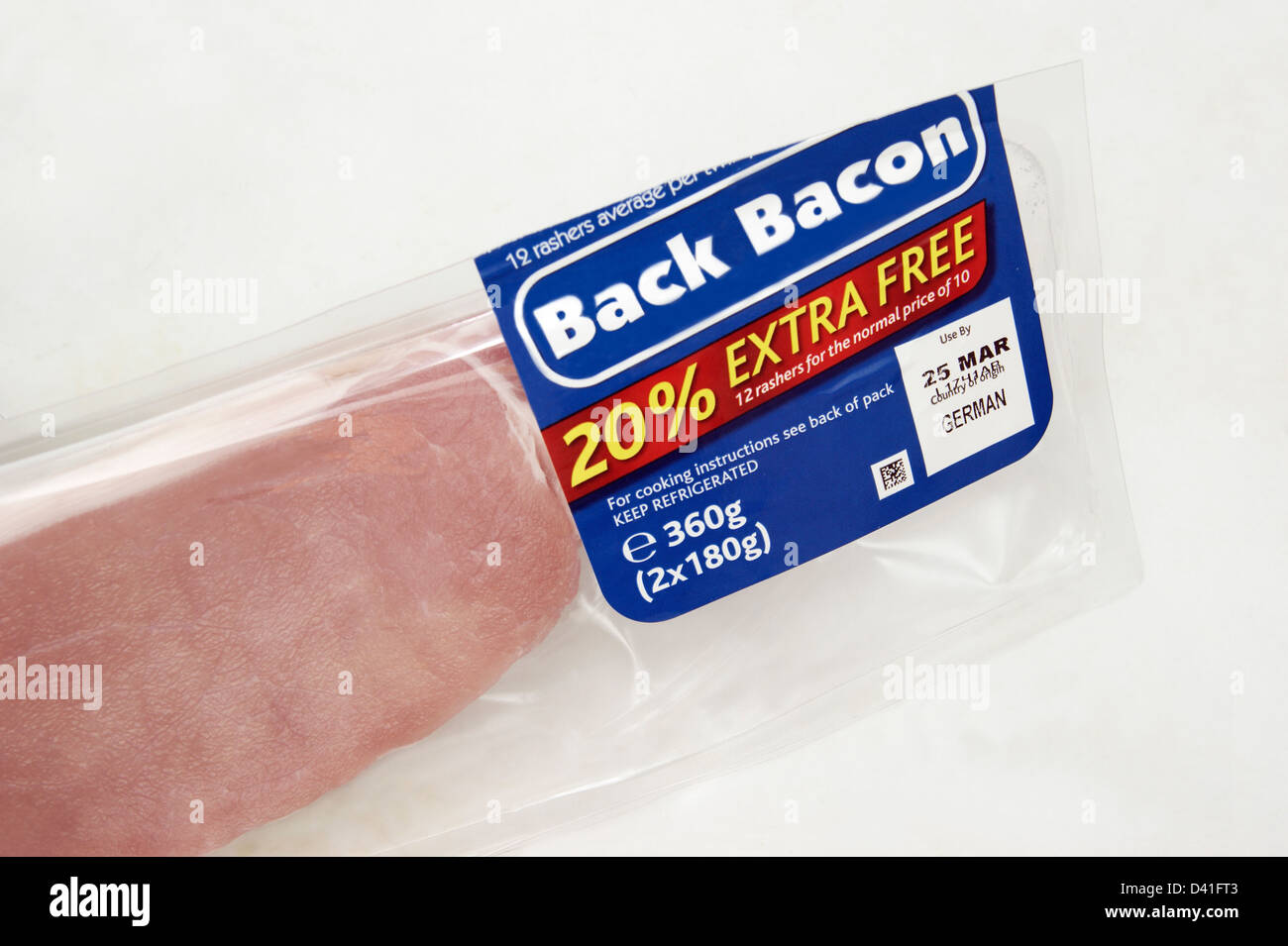 Pack of Back Bacon with 20% extra free 12 rashers for the price of 10 country of origin Germany Stock Photo