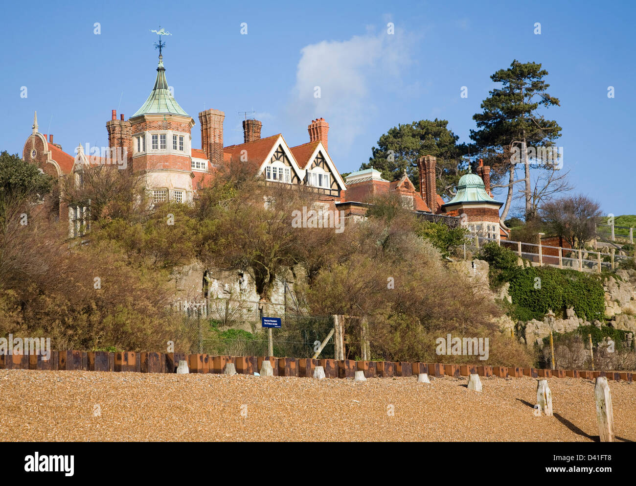 Gothic towers and man made Pulhamite cliifs, Bawdsey Manor, Suffolk, England Stock Photo