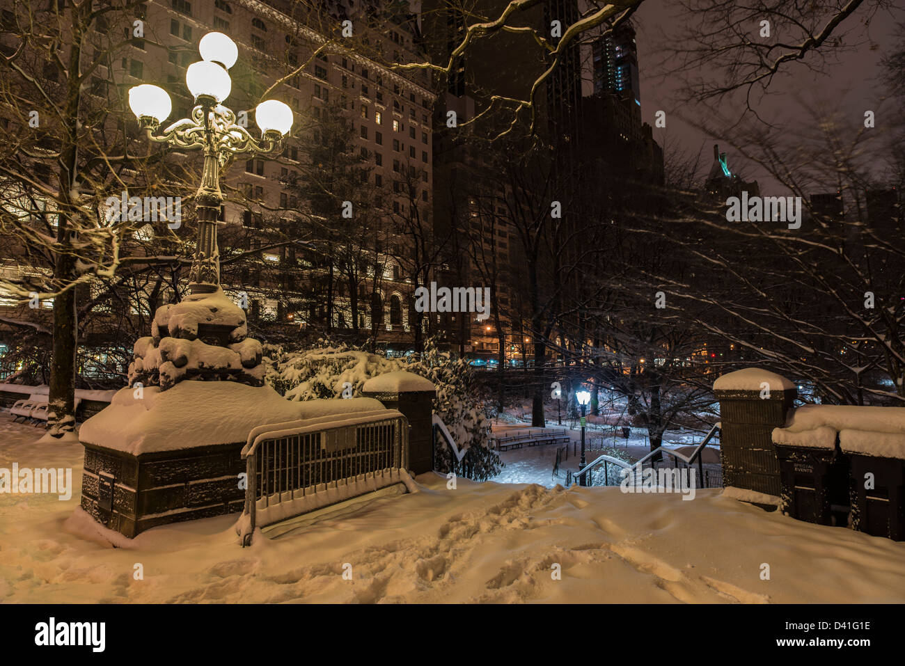 Central Park after snow storm in the early morning hours Stock Photo ...