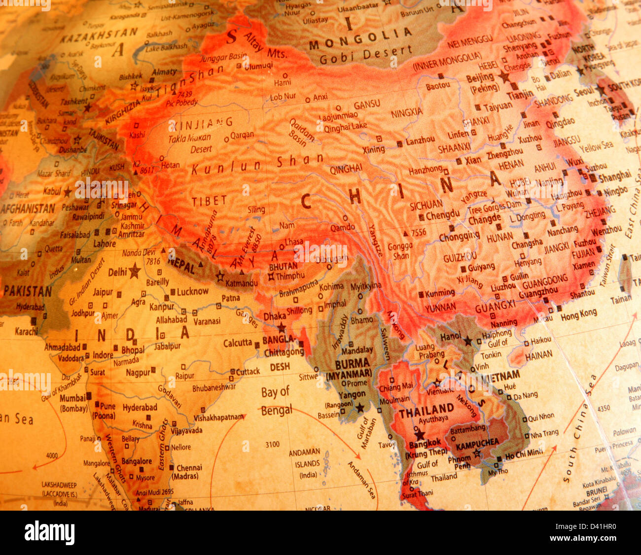 India, China, Thailand on the globe Stock Photo