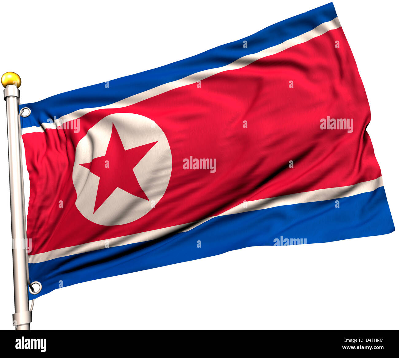 North Korea flag on a flag pole. Clipping path included. Silk texture visible on the flag at 100%. Stock Photo