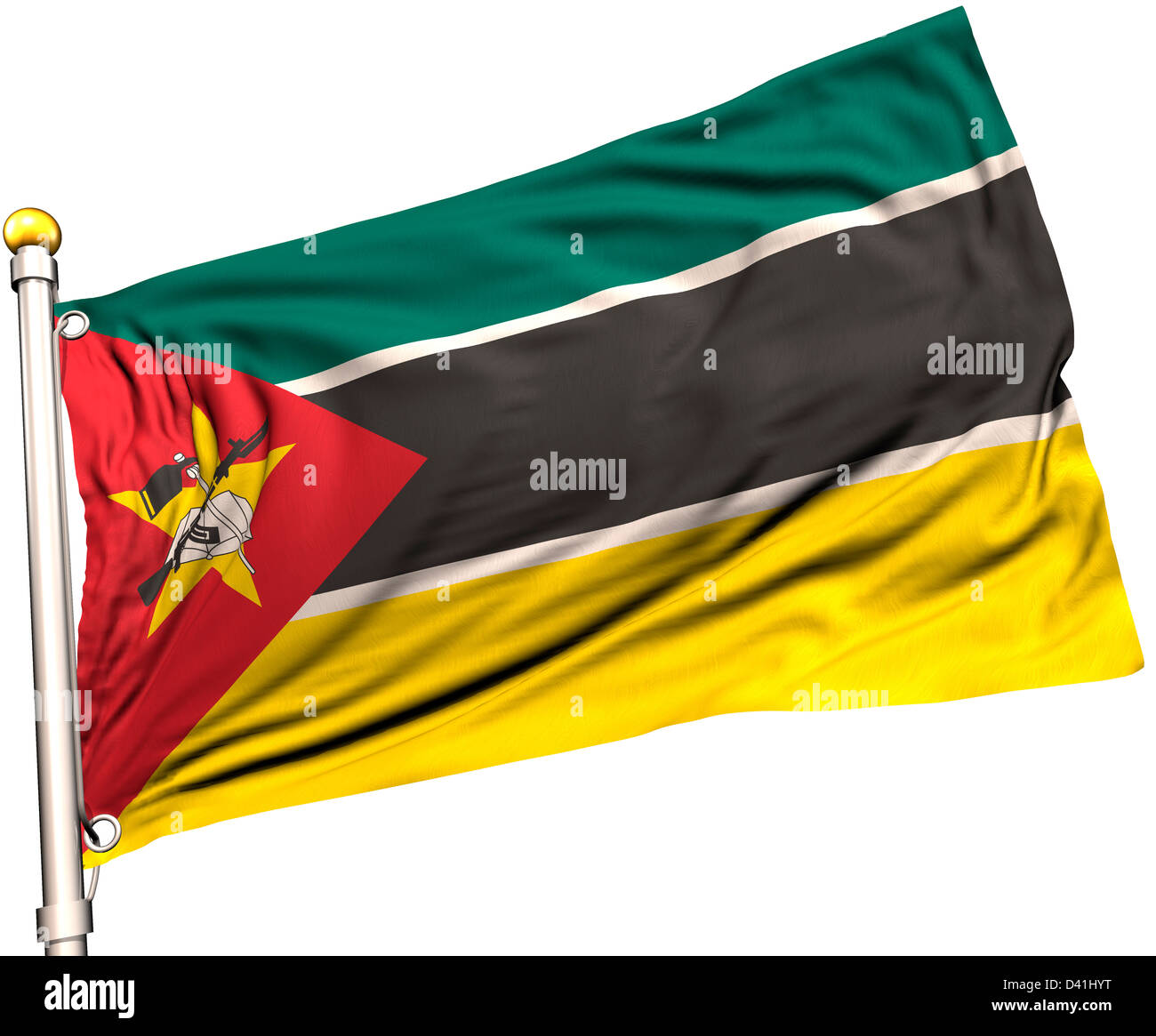 Mozambique flag on a flag pole. Clipping path included. Silk texture visible on the flag at 100%. Stock Photo