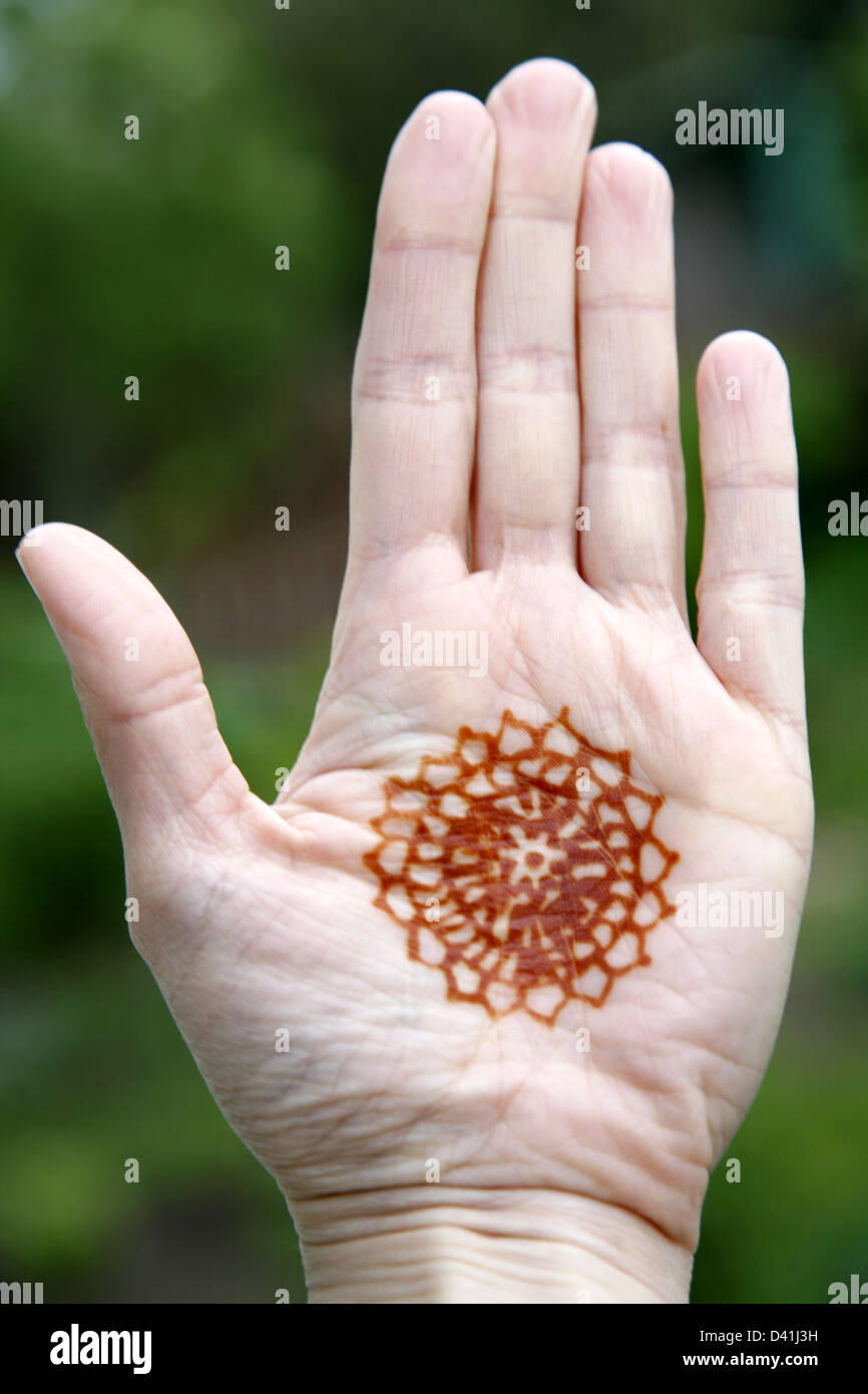 Henna painting on hand. Lotos. Stock Photo