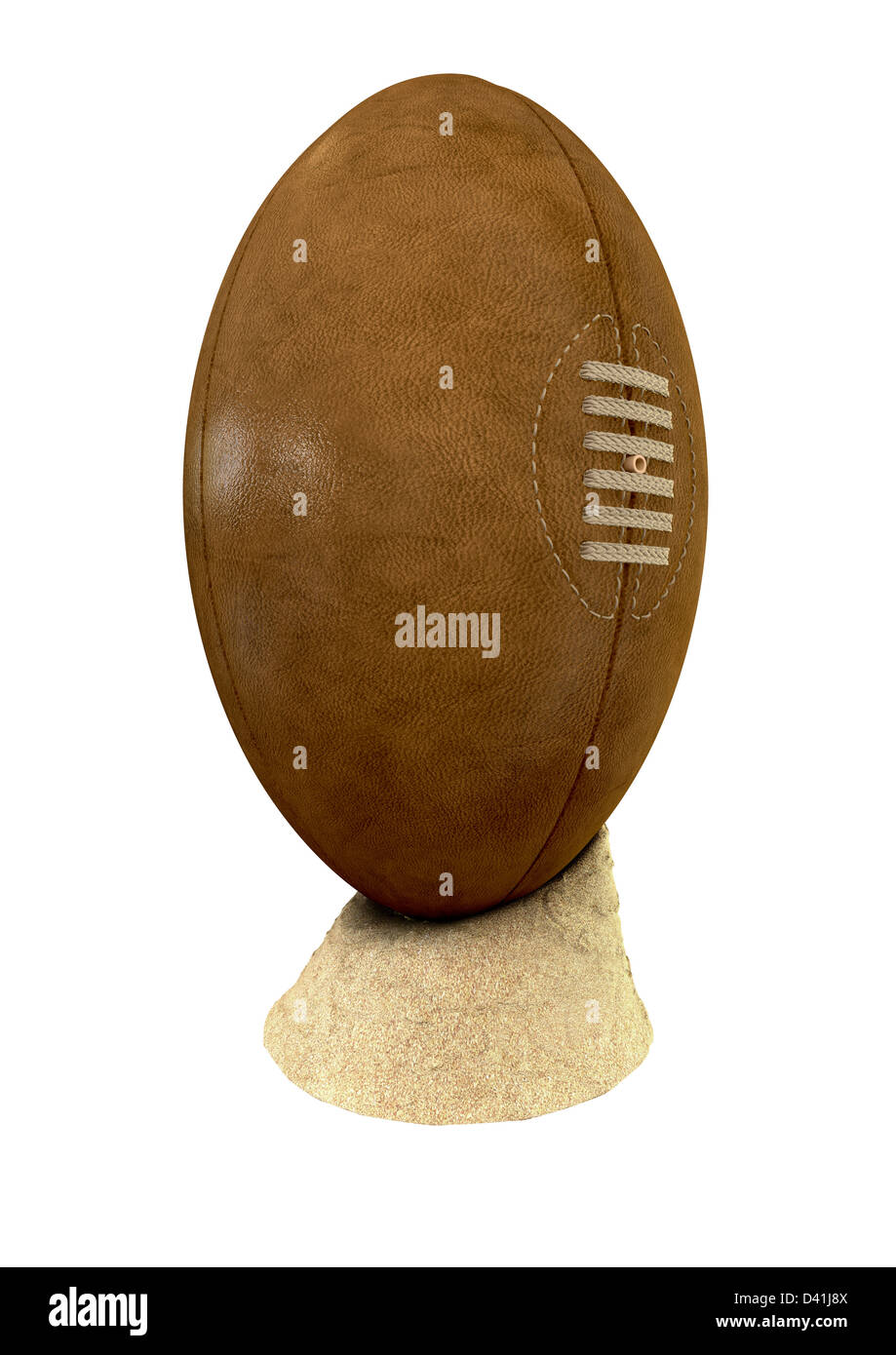 An old classic leather rugby ball with laces and stitching placed on a
