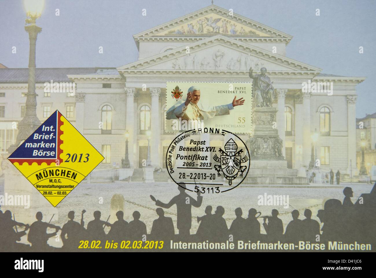 A 0.55 euro stamp from 2007 with a portrait of Pope Benedict XVI and the rubber stamp lettering 'Pope Benedict XVI. Pontificate 2005 - 2013 - 28.-2.2013-20' is on display at the 16th International Stamp Auction in Munich, Germany, 01 MArch 2013. Photo: PETER KNEFFEL Stock Photo