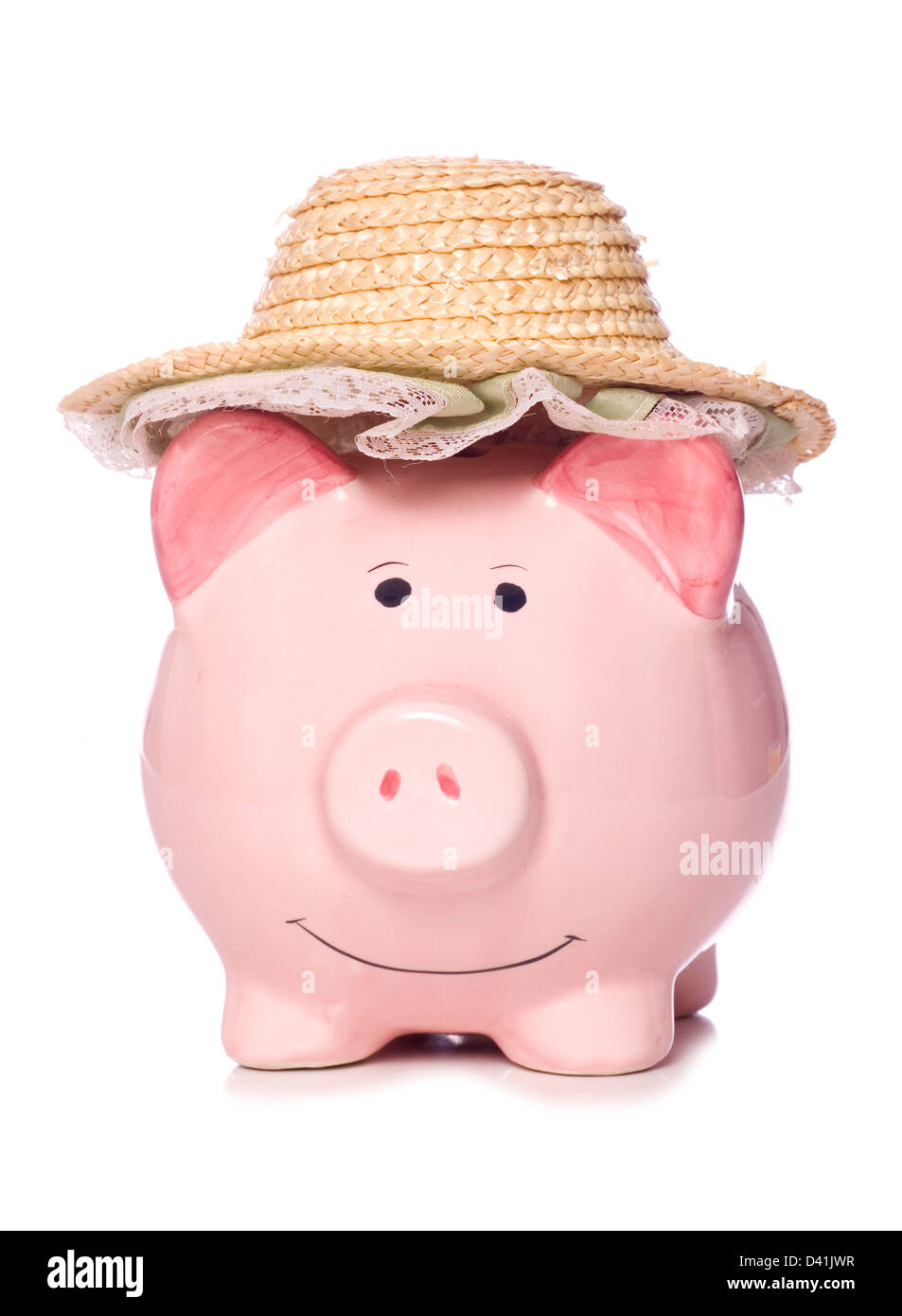 Piggy bank with old ladies wicker hat studio cutout Stock Photo Alamy